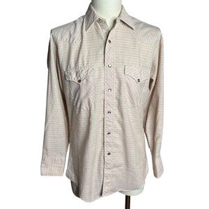 Vintage 70s H Bar C Pearl Snap Western Shirt 15.5 x 33 Beige Plaid Long Tail
